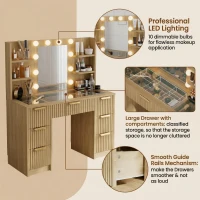 Spacious Makeup Vanity Desk with 3 Shelves and 7 Drawers, Functional Makeup Vanity with LED Mirror, 47" L x 15.5" W x 53.5" H, Natural Wood(m-4)