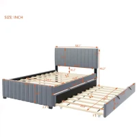 Space-Saving Full Size Upholstered Platform Bed with Twin-Size Trundle, Solid Bed Frame with 10 Reinforced Slats, 80" L x 58" W x 46" H, Gray(m-3)