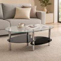 Oval Tempered Glass Coffee Table with Stainless Steel Legs, Modern Centre Table with Rounded Edges, 34.5'' L x 19'' W x 16'' H, Black+Transparent(m-1)