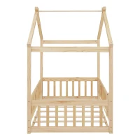 Comfortable Twin House Bed Frame with Roof and Fence, Sturdy Pinewood Platform Bed with Semi-enclosed Space, 79.5" L x 42" W x 63" H, Natural(m-8)