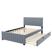 Space-Saving Full Size Upholstered Platform Bed with Twin-Size Trundle, Solid Bed Frame with 10 Reinforced Slats, 80" L x 58" W x 46" H, Gray(m-5)
