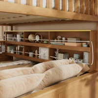 Full XL Over Queen Bunk Bed with Bulit-In Storage Shelf and Safety Rope, Useful Bed Frame with Pegboard Side Panel, 83.5" L x 62.5" W x 59" H, Brown(m-8)