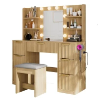 Spacious Makeup Vanity Desk with 3 Shelves and 7 Drawers, Functional Makeup Vanity with LED Mirror, 47" L x 15.5" W x 53.5" H, Natural Wood(m-14)
