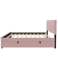 Space-Saving Full Size Upholstered Platform Bed with Twin-Size Trundle, Solid Bed Frame with 10 Reinforced Slats, 80" L x 58" W x 46" H, Pink(m-7)