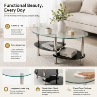Oval Tempered Glass Coffee Table with Stainless Steel Legs, Modern Centre Table with Rounded Edges, 34.5'' L x 19'' W x 16'' H, Black+Transparent(m-4)