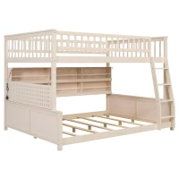Full XL Over Queen Bunk Bed with Built-In Storage Shelf and Safety Rope, Useful Bed Frame with Pegboard Side Panel, 83.5" L x 62.5" W x 59" H, Beige(m-10)