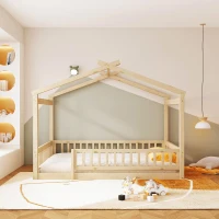 Full Size Wood House Bed with Roof and Fence, Sturdy Pinewood Bed Frame for Kids and Teens, 79.5" L x 57" W x 63" H, Natural(m-4)