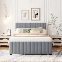 Space-Saving Full Size Upholstered Platform Bed with Twin-Size Trundle, Solid Bed Frame with 10 Reinforced Slats, 80" L x 58" W x 46" H, Gray(m-4)