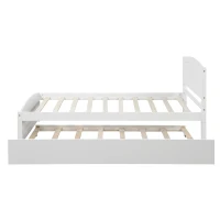 Space-Savimg Twin Size Wood Platform Bed with Roll-Out Trundle, Solid Bed Frame with 10 Supporting Slats, 79.5" L x 41.5" W x 37.5" H, White(m-7)