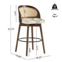 Swivel Bar Chairs with Ergonomic Curved Back, Cozy Stools with Hand‑Woven PE Cane Back, 18" L x 19" W x 35.5" H, Beige+Walnut(m-3)