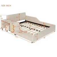 Full Size Upholstered Platform Bed with Bedside Desk and Round Stool, Cozy Bed Frame with Streamlined Structure, 79.5" L x 68" W x 28" H, Beige(m-3)