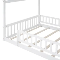 Full Size Wood House Bed with Roof and Fence, Sturdy Pinewood Bed Frame for Kids and Teens, 79.5" L x 57" W x 63" H, White(m-9)