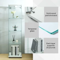 Floor-Standing Curio Bookcase with Tempered Glass Door, LED Glass Display Cabinet with Adjustable Feet, 16.5'' L x 14.5'' W x 64.5'' H, White(m-5)