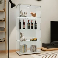 Solid Glass Floor-Standing Showcase with Built-In LED Lighting, LED Glass Display Cabinet with Lockable Doors, 31.5'' L x 14.5'' W x 64.5'' H, White(m-7)