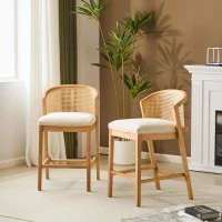 Cozy Counter Stools with Padded Upholstered Seat, Rubberwood Bar Chairs with Reinforced Footrest, 20.5" L x 22.5" W x 6" H, Beige+Natural(m-1)