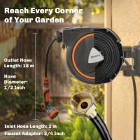 Outsunny Retractable Garden Hose Reel, 1/2" x 59ft Wall Mounted Hose Reel with 12-Pattern Nozzles, Auto Retraction, Self-Locking(m-4)
