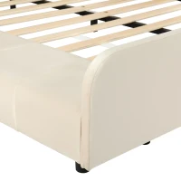Full Size Upholstered Platform Bed with Bedside Desk and Round Stool, Cozy Bed Frame with Streamlined Structure, 79.5" L x 68" W x 28" H, Beige(m-11)