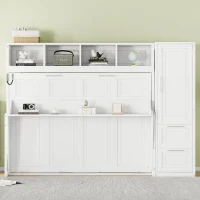 Space-Saving Full Size Murphy Wall Bed with Integrated Shelf, Customizable Bed Frame with Closet and 2 Drawers, 107.5" L x 58" W x 72" H, White(m-5)