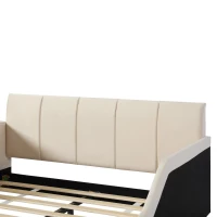Full Size Upholstered Platform Bed with Bedside Desk and Round Stool, Cozy Bed Frame with Streamlined Structure, 79.5" L x 68" W x 28" H, Beige(m-15)