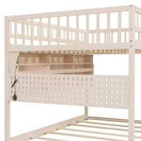 Full Over Full Bunk Bed with Convenient Storage Headboard, Unique Bed Frame with Multi-Color Light Strip, 79" L x 57.5" W x 57" H, Beige(m-12)