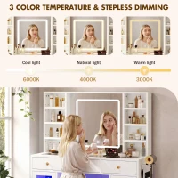 Aesthetic Makeup Vanity Desk with LED Mirror and Adjustable RGB Lights, Spacious Makeup Vanity with 6 Drawers, 44.5" L x 15.5" W x 55" H, White(m-5)