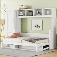 Space-Saving Full Size Murphy Wall Bed with Integrated Shelf, Customizable Bed Frame with Closet and 2 Drawers, 107.5" L x 58" W x 72" H, White(m-6)