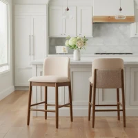 Cozy Lois Indoor Upholstered Wooden Stools with Padded Soft Fabric, Sturdy Bar Chairs with Footrest, 19" L x 22" W x 37" H, Beige+Walnut(m-1)