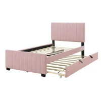 Space-Saving Twin Size Upholstered Platform Bed with Trundle Under Bed, Cozy Bed Frame with Velvet Fabric, 80" L x 41.5" W x 42.5" H, Pink(m-5)