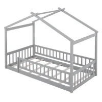 Comfortable Twin House Bed Frame with Roof and Fence, Sturdy Pinewood Platform Bed with Semi-enclosed Space, 79.5" L x 41.5" W x 63" H, Walnut(m-6)