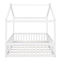 Full Size Wood House Bed with Roof and Fence, Sturdy Pinewood Bed Frame for Kids and Teens, 79.5" L x 57" W x 63" H, White(m-8)