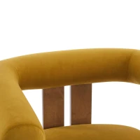 Round Arm Accent Chair with Velvet Upholstery, Curved Backrest Armchair with Solid Birch Wood Base, 31'' L x 29'' W x 30'' H, Mustard Yellow+Walnut(m-10)