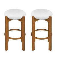 Set of 2 Bar Stools with Solid Rubber Wood Frame, Non-Swivel Bar Shairs with Upholstered Round Seat, 19.5'' L x 19.5'' W x 30'' H, Ivory+Walnut(m-4)