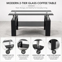 Tempered Glass Coffee Table with Tempered Glass Top, Space-Saving Center Table with Sturdy Legs, 34.5'' L x 18.5'' W x 17.5'' H, Black+Transparent(m-4)