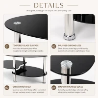 Oval Tempered Glass Coffee Table with Stainless Steel Legs, Modern Living Room Centre Table with Rounded Edges, 34.5'' L x 19'' W x 16'' H, Black(m-4)