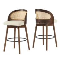 Swivel Bar Chairs with Ergonomic Curved Back, Cozy Stools with Hand‑Woven PE Cane Back, 18" L x 19" W x 35.5" H, Beige+Walnut(m-5)