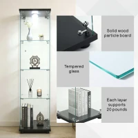 Floor-Standing Curio Bookcase with Tempered Glass Door, LED Glass Display Cabinet with Adjustable Feet, 16.5'' L x 14.5'' W x 64.5'' H, Black(m-4)