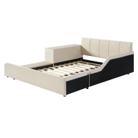 Full Size Upholstered Platform Bed with Bedside Desk and Round Stool, Cozy Bed Frame with Streamlined Structure, 79.5" L x 68" W x 28" H, Beige(m-8)