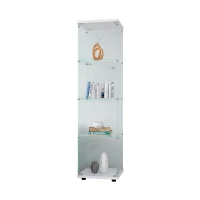 Glass Display Cabinet with Adjustable Feet and Safety Bumpers, Floor-Standing Curio Bookshelf with Tempered Glass, 16.5'' L x 14.5'' W x 64.5'' H, White(m-8)