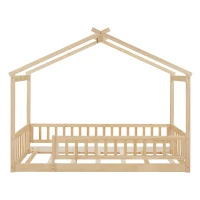 Comfortable Twin House Bed Frame with Roof and Fence, Sturdy Pinewood Platform Bed with Semi-enclosed Space, 79.5" L x 42" W x 63" H, Natural(m-2)
