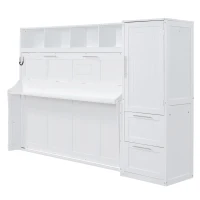 Queen Size Murphy Wall Bed with Storage Shelf, Space‑Saving Bed Frame with Integrated Closet and 2 Drawers, 112" L x 65" W x 78.5" H, White(m-7)