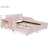 Full Size Upholstered Platform Bed with Bedside Desk and Stool, Cozy Bed Frame with Streamlined Structure, 79.5" L x 68" W x 28" H, Pink(m-3)