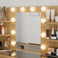 Spacious Makeup Vanity Desk with 3 Shelves and 7 Drawers, Functional Makeup Vanity with LED Mirror, 47" L x 15.5" W x 53.5" H, Natural Wood(m-12)