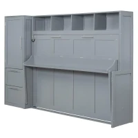 Space-Saving Full Size Murphy Wall Bed with Integrated Shelf, Customizable Bed Frame with Closet and 2 Drawers, 107.5" L x 58" W x 72" H, Gray(m-7)