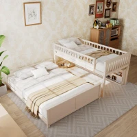 Twin XL Over Queen Bunk Bed with Built-In Storage Shelf and Safety Rope, Useful Bed Frame with Pegboard Side Panel, 83.5" L x 62.5" W x 59" H, Beige(m-5)