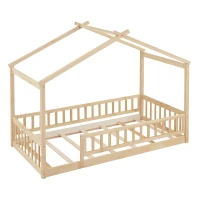 Comfortable Twin House Bed Frame with Roof and Fence, Sturdy Pinewood Platform Bed with Semi-enclosed Space, 79.5" L x 42" W x 63" H, Natural(m-6)