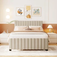 Space-Saving Full Size Upholstered Platform Bed with Twin-Size Trundle, Solid Bed Frame with 10 Reinforced Slats, 80" L x 58" W x 46" H, Beige(m-4)