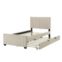 Space-Saving Twin Size Upholstered Platform Bed with Trundle Under Bed, Bed Frame with Velvet Fabric, 80" L x 41.5" W x 42.5" H, Beige(m-5)