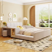 Full Size Upholstered Platform Bed with Bedside Desk and Round Stool, Cozy Bed Frame with Streamlined Structure, 79.5" L x 68" W x 28" H, Beige(m-1)