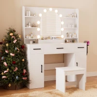 Large Makeup Vanity Desk with 6 Open Shelves and 3 Drawers, Functional Makeup Vanity with Dimmable LED Mirror, 44.5" L x 14" W x 55" H, White(m-1)