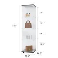 Glass Display Cabinet with Adjustable Feet and Safety Bumpers, Floor-Standing Curio Bookshelf with Tempered Glass, 16.5'' L x 14.5'' W x 64.5'' H, Black(m-3)